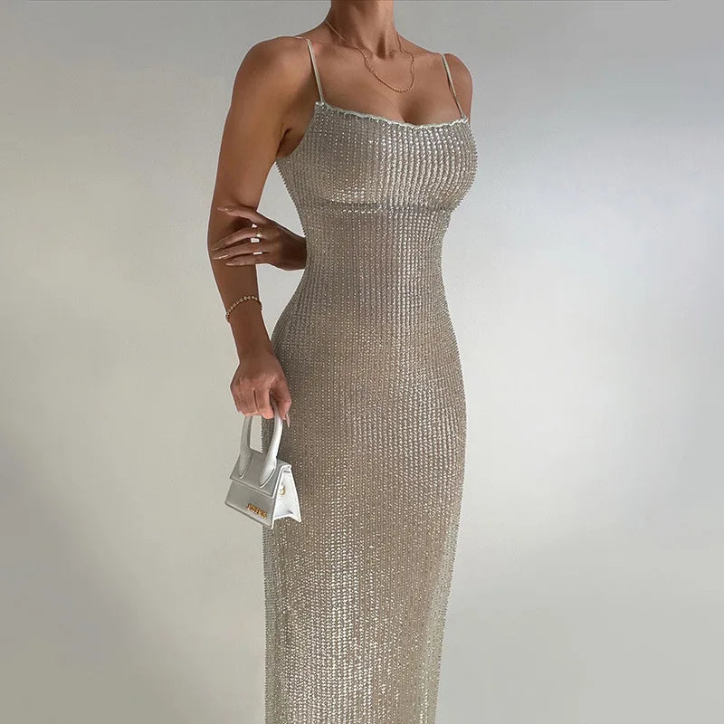 Party Bodycon Glitter Strap Spaghetti Sexy Midi Backless Sparkle Evening Dress