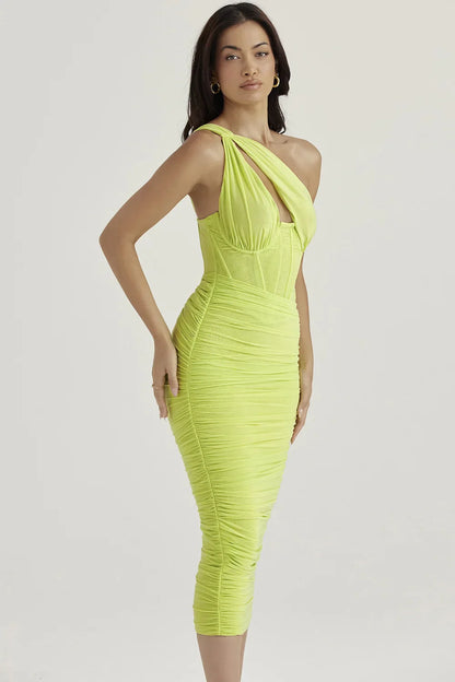 Backless Club Evening Mesh Ruched Off Midi Shoulder Bodycon Long Sexy Dress