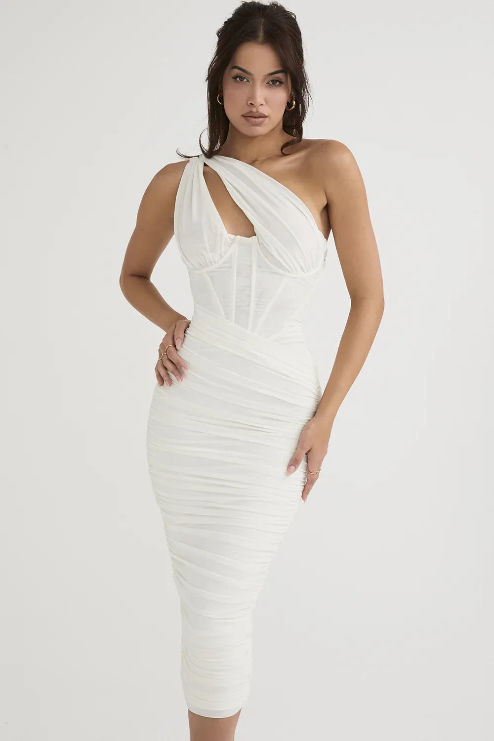 Backless Club Evening Mesh Ruched Off Midi Shoulder Bodycon Long Sexy Dress