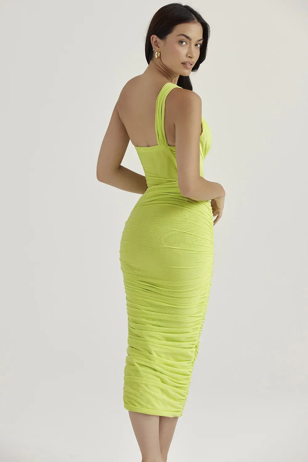 Backless Club Evening Mesh Ruched Off Midi Shoulder Bodycon Long Sexy Dress