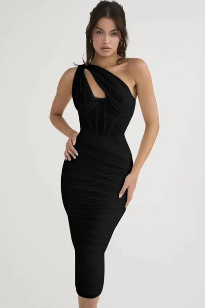 Backless Club Evening Mesh Ruched Off Midi Shoulder Bodycon Long Sexy Dress