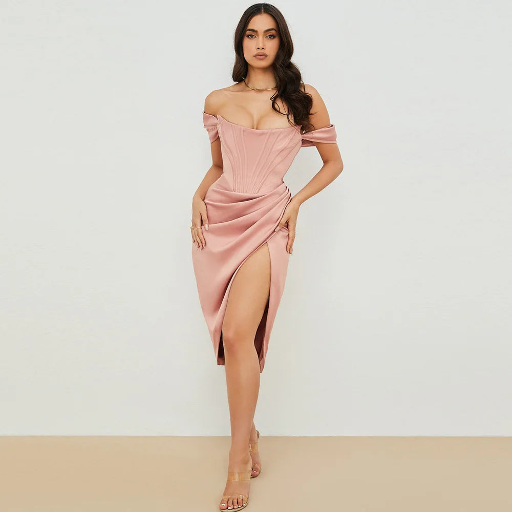 Ruched Shoulder Midi Sexy Party Club Evening Satin Off Dress