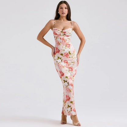 Summer Sexy Print Maxi Strap Vintage Spaghetti Floral Women Dress Dress