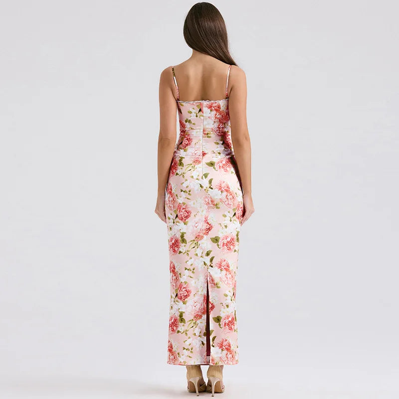 Summer Sexy Print Maxi Strap Vintage Spaghetti Floral Women Dress Dress