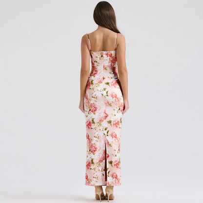 Summer Sexy Print Maxi Strap Vintage Spaghetti Floral Women Dress Dress