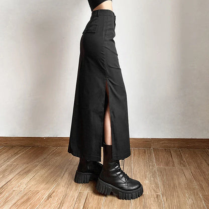 Goth Cargo Y2k High Gothic Midi Black Sexy Split Grunge Waist Dark Streetwear Skirt