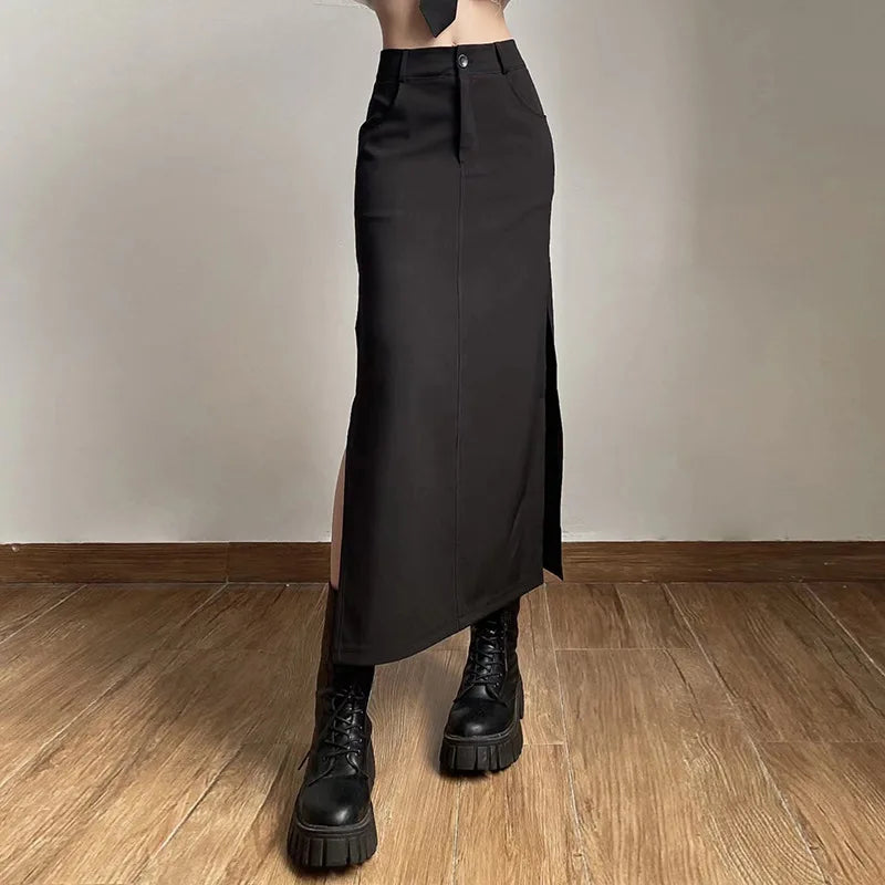 Goth Cargo Y2k High Gothic Midi Black Sexy Split Grunge Waist Dark Streetwear Skirt