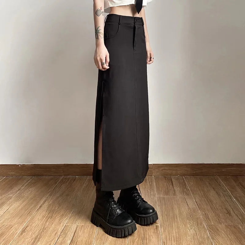 Goth Cargo Y2k High Gothic Midi Black Sexy Split Grunge Waist Dark Streetwear Skirt