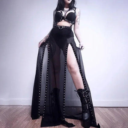 Goth Mesh Lace Aesthetical Summer Up Perspective Slit Side Dark Skirt