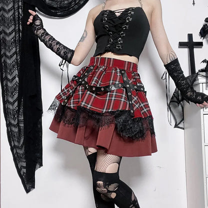 Gothic Young Girls Kawaii Outfit Y2k Harajuku Plaid Sweet Pleated Lace Skirt