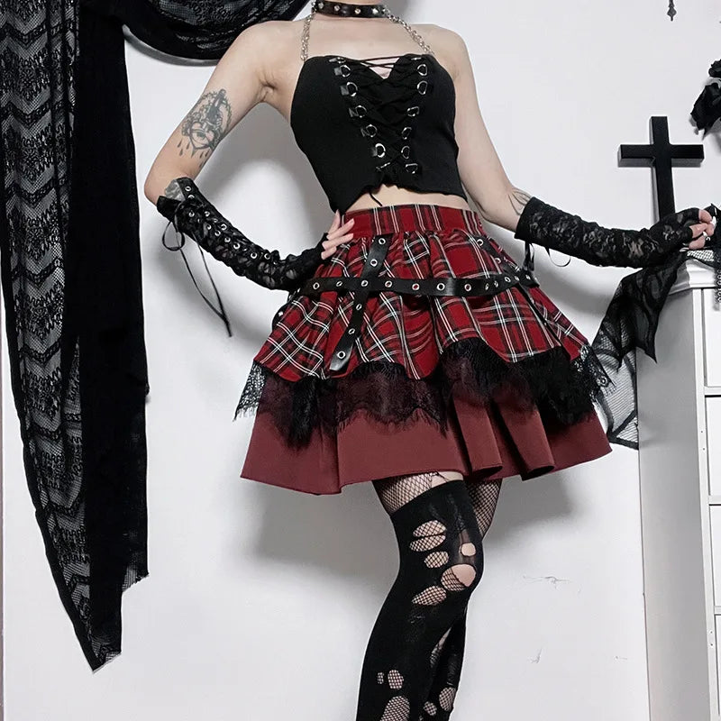 Gothic Young Girls Kawaii Outfit Y2k Harajuku Plaid Sweet Pleated Lace Skirt