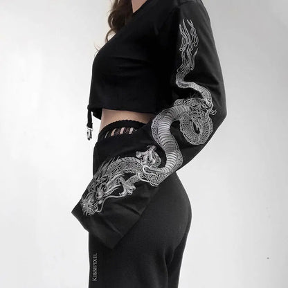 Punk Cool Girl Dragon Pattern Long Sleeve Suspenders Crew Black Crop Gothic Autumn,T-shirt