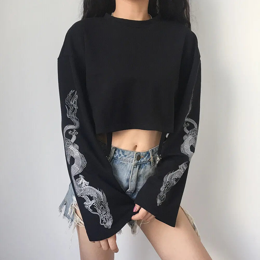 Punk Cool Girl Dragon Pattern Long Sleeve Suspenders Crew Black Crop Gothic Autumn,T-shirt