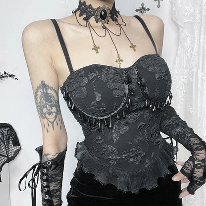 Gothic Retro Sexy Grunge Crop Backless Pendant Bead Jacquard Top