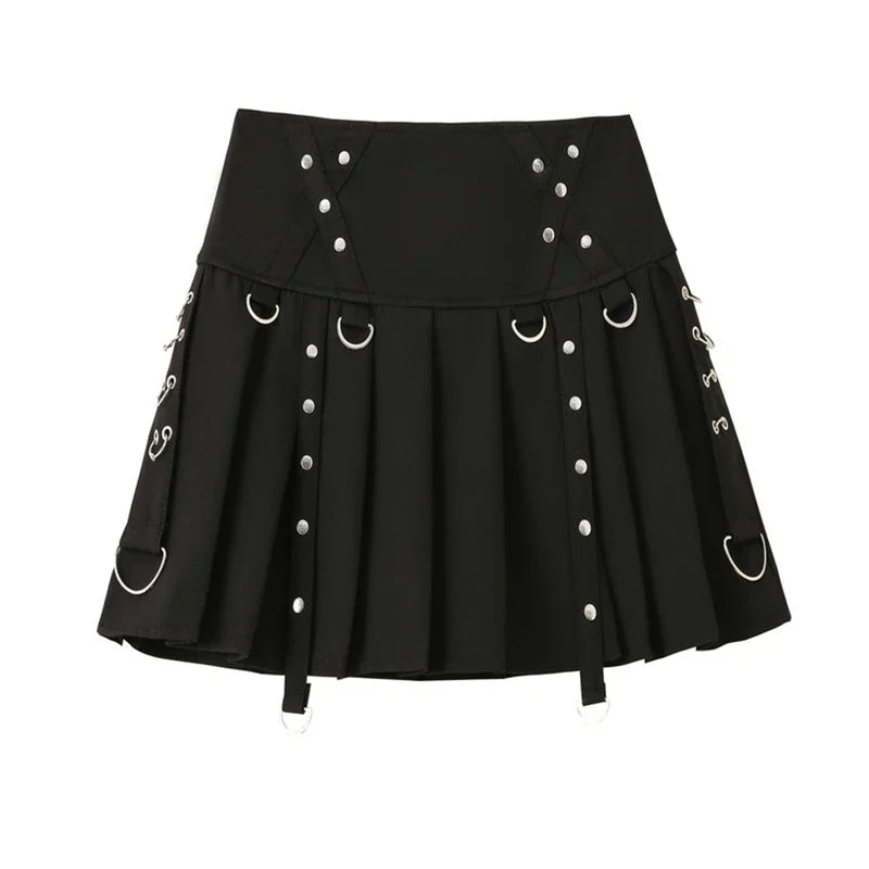 Gothic Waist Version Low Rivet Buckle A Spice Streamer Short Personality Metal Diablo Pleated Harajuku Skirt