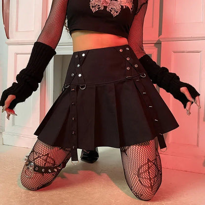 Gothic Waist Version Low Rivet Buckle A Spice Streamer Short Personality Metal Diablo Pleated Harajuku Skirt