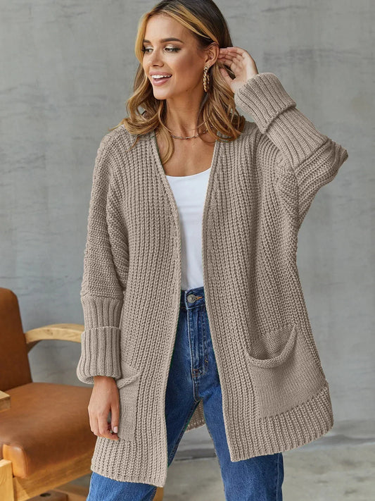 Green Cardigan Knit Women Spring Autumn Winter Sweater Heart Pocket Loose Maxi Coat
