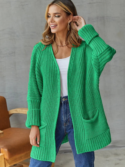 Green Cardigan Knit Women Spring Autumn Winter Sweater Heart Pocket Loose Maxi Coat