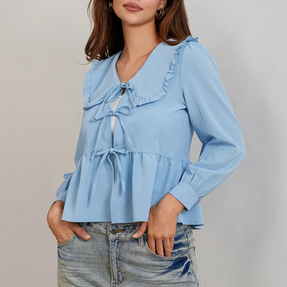 Sleeve Casual Loose Doll Collar Ruffled Vintage Clothes Long Blouse