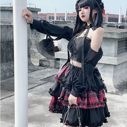 Harajuku Stitching Rock High Spice Red Girl Cosplay A-line Two-dimensional Petticoat Waist Plaid Dark Skirt