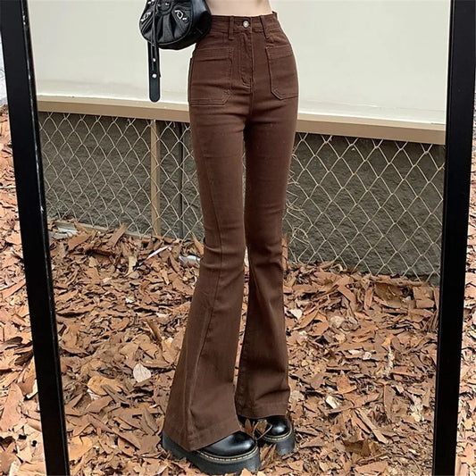 High Waist Stretch Slim Flared Women Bottom Straight Spring Autumn Brown Denim Pants Female Fashion Streetwear Jeans