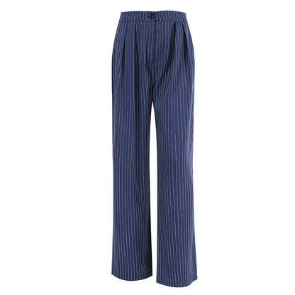 High Waisted Straight Leg Wide Leg Navy Striped Fashionable Casual Pants