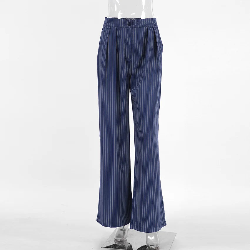 High Waisted Straight Leg Wide Leg Navy Striped Fashionable Casual Pants