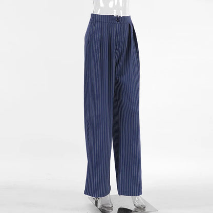 High Waisted Straight Leg Wide Leg Navy Striped Fashionable Casual Pants