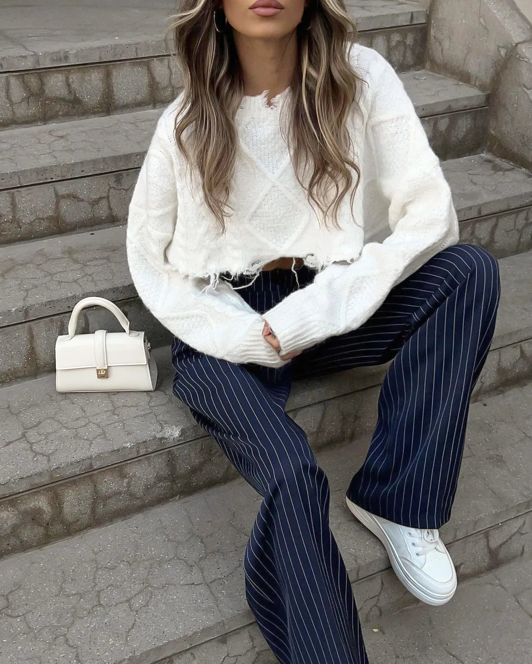 High Waisted Straight Leg Wide Leg Navy Striped Fashionable Casual Pants