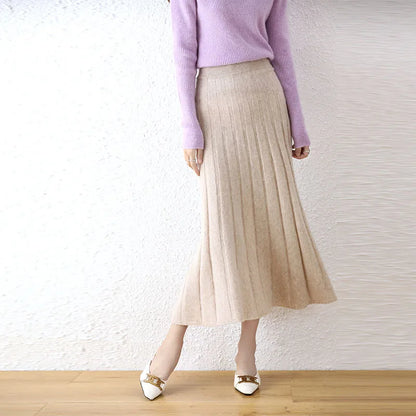 Elegant Thick Warm Pleated Knitted Pure Wool High Waist Trendy Autumn Winter Skirt