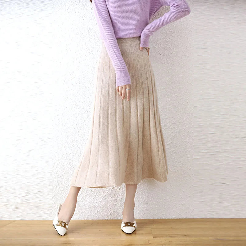 Elegant Thick Warm Pleated Knitted Pure Wool High Waist Trendy Autumn Winter Skirt