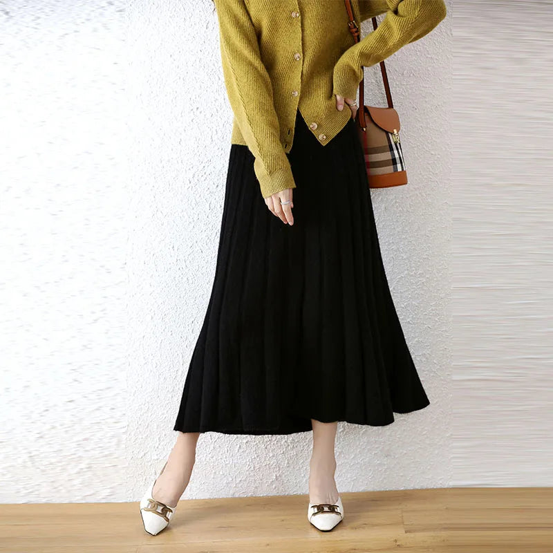 Elegant Thick Warm Pleated Knitted Pure Wool High Waist Trendy Autumn Winter Skirt