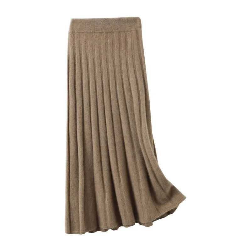 Elegant Thick Warm Pleated Knitted Pure Wool High Waist Trendy Autumn Winter Skirt