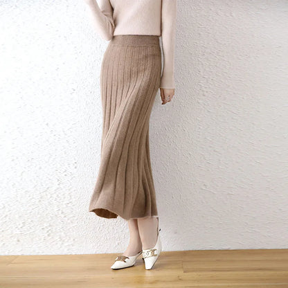 Elegant Thick Warm Pleated Knitted Pure Wool High Waist Trendy Autumn Winter Skirt