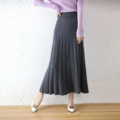 Elegant Thick Warm Pleated Knitted Pure Wool High Waist Trendy Autumn Winter Skirt