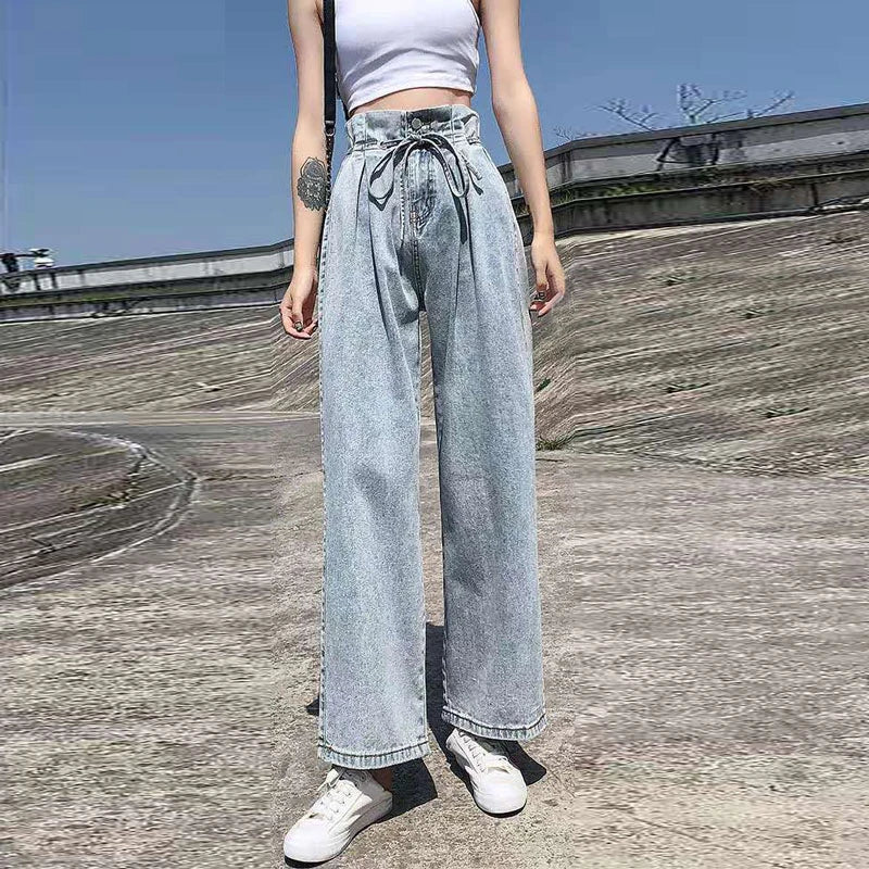 High-waisted Straight Women Loose Waist Dragging Pear-shaped Body Female Jeans