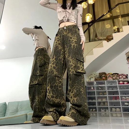 Leopard Print Cargo Pants High-waisted Retro Loose Pants