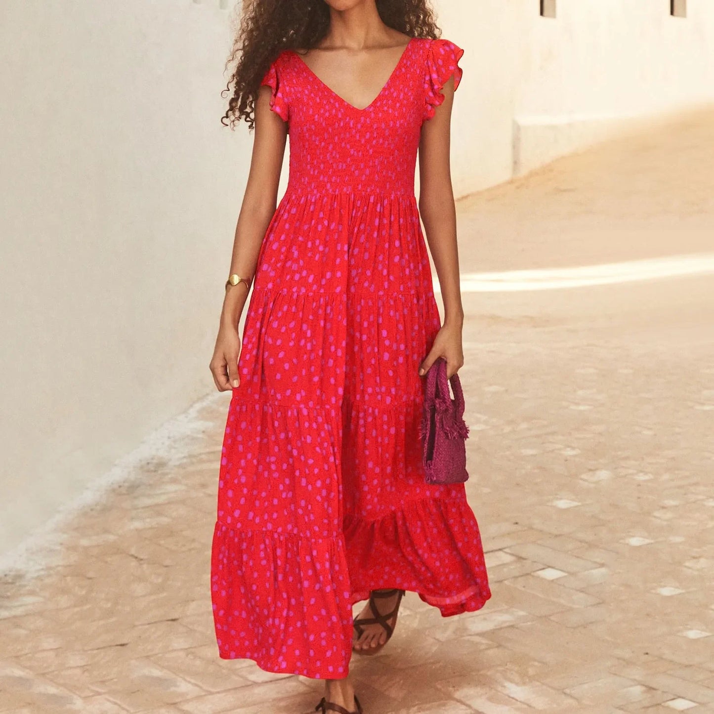 Ruffles Sleeve V-Neck Bohemain Sweet Sexy Red Tunic Waist Swing Beach Style Elegant Floral Midi Holiday Dress