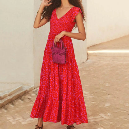 Ruffles Sleeve V-Neck Bohemain Sweet Sexy Red Tunic Waist Swing Beach Style Elegant Floral Midi Holiday Dress