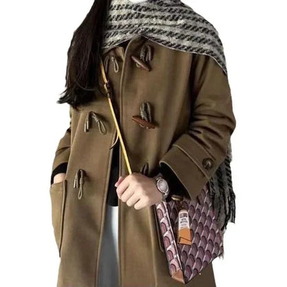 Horn Button Woolen Jacket Medium-length Petite Salted Style Autumn Winter 2024 Stylish Coat