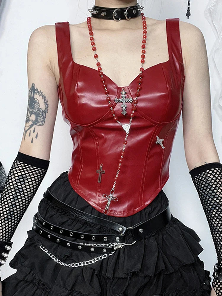 Gothic Grunge Crop Cross Leather Corset Punk Top