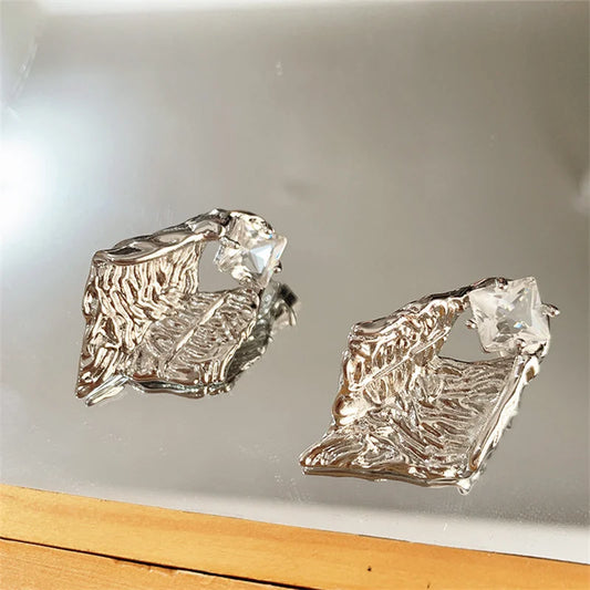Metal Texture Pendant Female Retro Exaggerated Zircon Gifts Irregular Earring