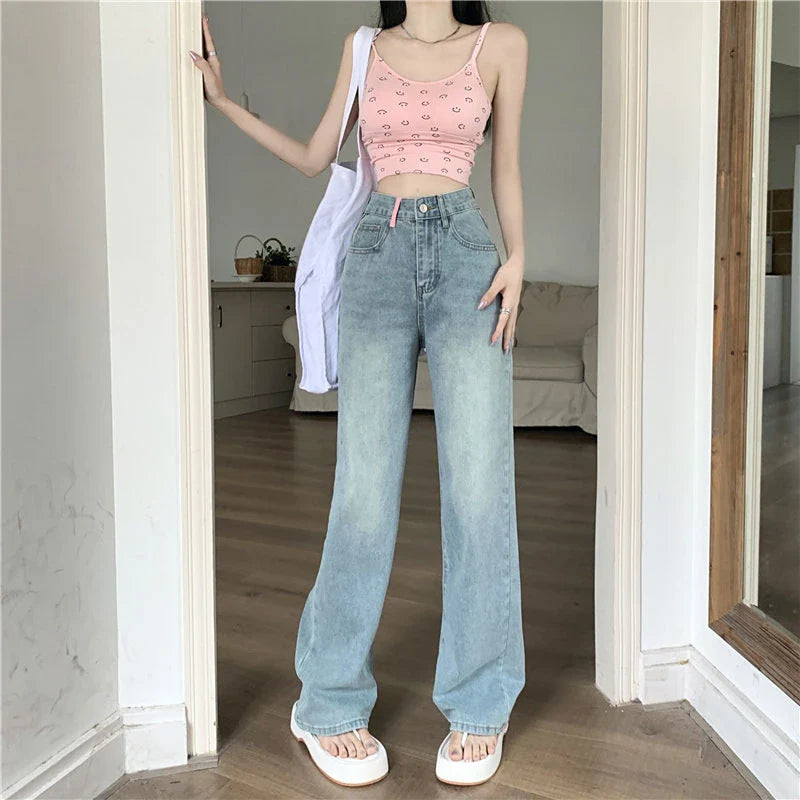 New Summer Fall Niche Embroidery Pockets Casual Wide-Leg Straight Jeans