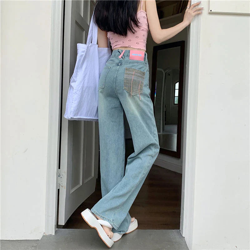 New Summer Fall Niche Embroidery Pockets Casual Wide-Leg Straight Jeans