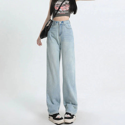 Online Celebrity New Pink Leather Brand High Waist Loose Slim Casual Wide Leg Mop Jeans