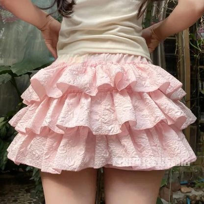 Shorts Pink Ruffle Patchwork Layered High Waist Cute Balletcore Mini Cake Skirt