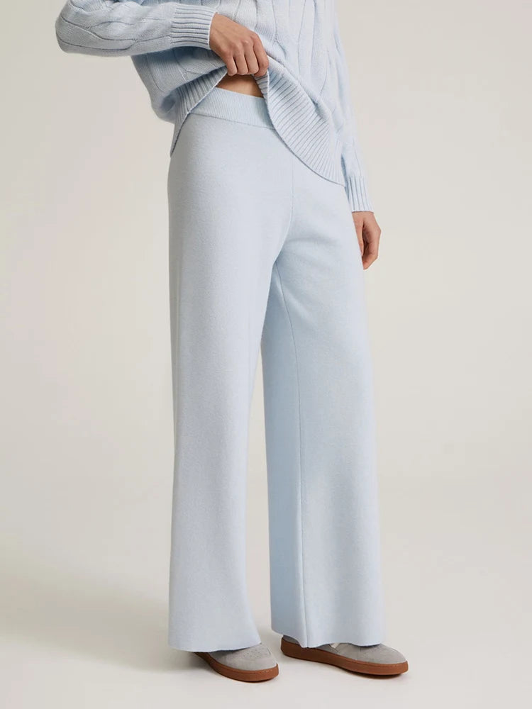 Knitted Winter High Waist Warm Straight Solid Light Blue Basic Wide Leg Pants