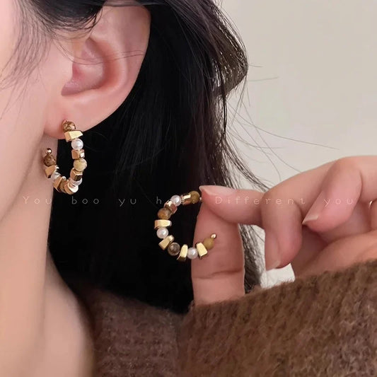 New Design Brown Wear Retro Irregular Texture Stone Beaded Hoop Fashion Elegant Gift Wholesale Korean Earring