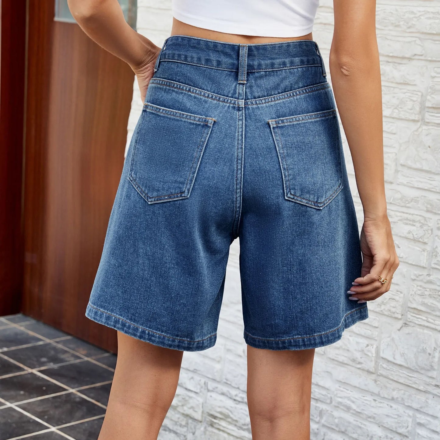 Classic Korean Style Soft Adjustable Blue High Waisted Wide Leg Shorts