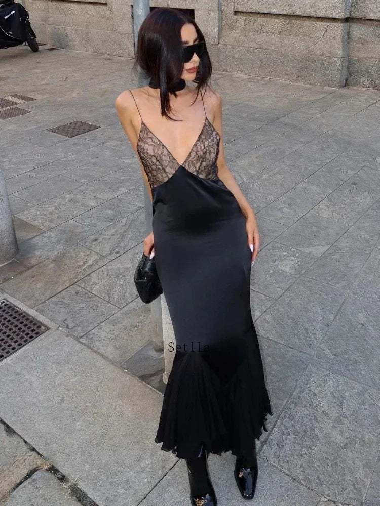 Deep V-neck Lace Spliced Mesh Slim Clubwear Evening Midi Dress